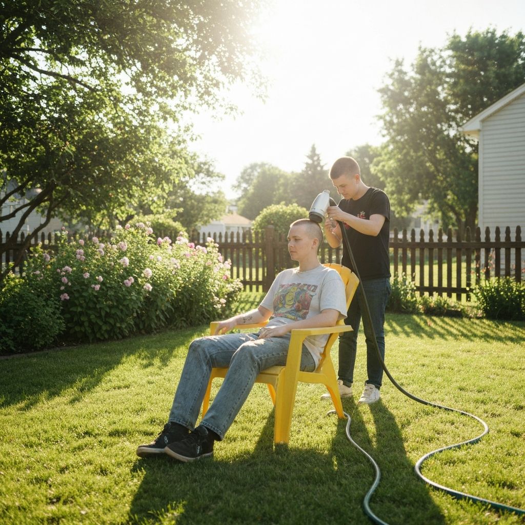Customer getting Flowbee haircut in yard